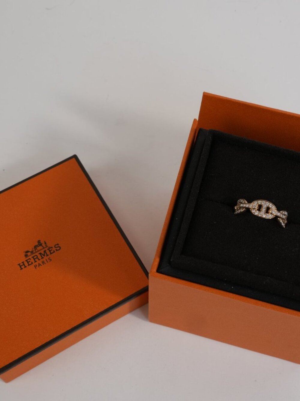 Hermès 18K Rose Gold Diamond PM Chaine d'Ancre Enchainee Ring Size 51